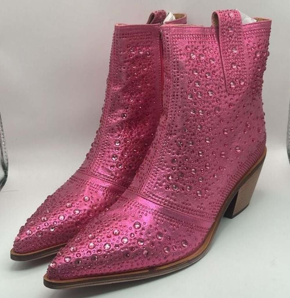 ISNOM Metallic Pink Rhinestone Sparkly Cowgirl Ankle Boots